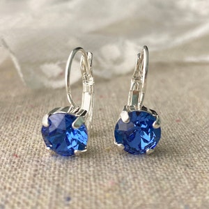 Swarovski Crystal Sapphire Blue Round Dangling Drop Silver Leverback Earrings Bridesmaids Gifts Rhinestone Heatherly Jewelry