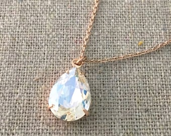 Swarovski Crystal Moonlight Teardrop Crystal Rose Gold Necklace, Simple Bridal Jewelry, Wedding Necklace, Bridesmaids Gifts, Tear Pendant