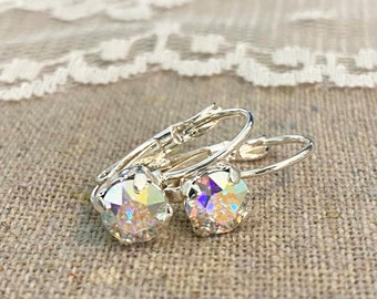 Swarovski Crystal Leverback Earrings, Iridescent Dangling Earrings, Crystal AB Earrings, Silver Plated Delicate Earrings, Small Lever Backs