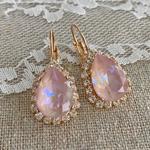 Swarovski Crystal Earrings, Dusty Pink DeLite Pear Crystal Halo Leverbacks, Teardrop Dangling Bridal, 14k Rose Gold Silver, Bridesmaid Gift