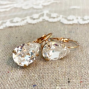 Swarovski Crystal Earrings, 14x10mm Pear Cut Faux Diamond Leverbacks, Dangling Drop Bridal, Teardrop Bridesmaids Gift, Gold Rose Gold Silver