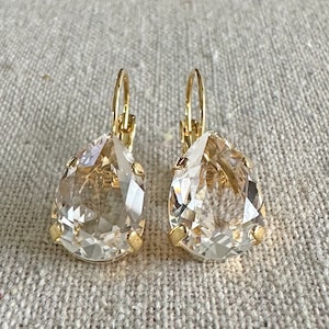 Swarovski Crystal Clear Teardrop Earrings, 14k Gold Pear Leverback Earrings, Transparent Bridal Earrings, Classic Bridesmaid Ask Gifts
