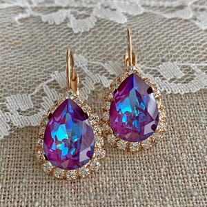 Swarovski Crystal Earrings, Burgundy DeLite Pear Crystal Halo Leverbacks, Teardrop Dangling Bridal, 14k Rose Gold Silver, Bridesmaid Gifts