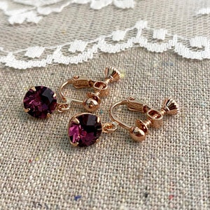 Swarovski Crystal Amethyst Round Dangling Drop Clip-on Screwback Non-Pierced Earrings Bridesmaids Gifts Rhinestone Jewelry Heatherly Jewelry