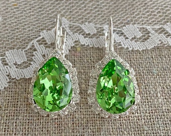 Swarovski Crystal Earrings, Peridot Green Pear Crystal Halo Leverbacks, Teardrop Dangling Bridal, 14k Rose Gold Silver, Bridesmaid Gifts