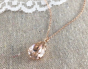 Swarovski Blush Pink Teardrop Crystal Rose Gold Necklace, Simple Pear Vintage Rose Bridal Jewelry, Wedding Bridesmaids Gifts, Tear Pendant