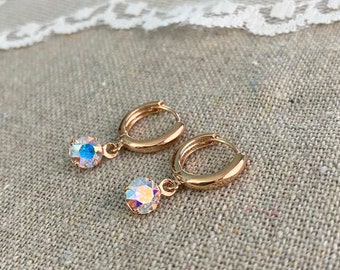 Swarovski Crystal Huggie Hoops, Crystal Iridescent Hoops, Rose Gold Tiny Hoop Earrings, Crystal AB Hug Hoops, Delicate Charm Dangle