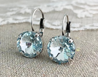 Swarovski Crystal Pale Blue Leverback Earrings, Ice Blue Rivoli Crystal Earrings, Aged Silver Dangling Earrings, Simple Bridesmaids Gifts