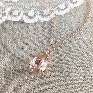 Swarovski Blush Pink Teardrop Crystal Rose Gold Necklace, Simple Pear Vintage Rose Bridal Jewelry, Wedding Bridesmaids Gifts, Tear Pendant image 1