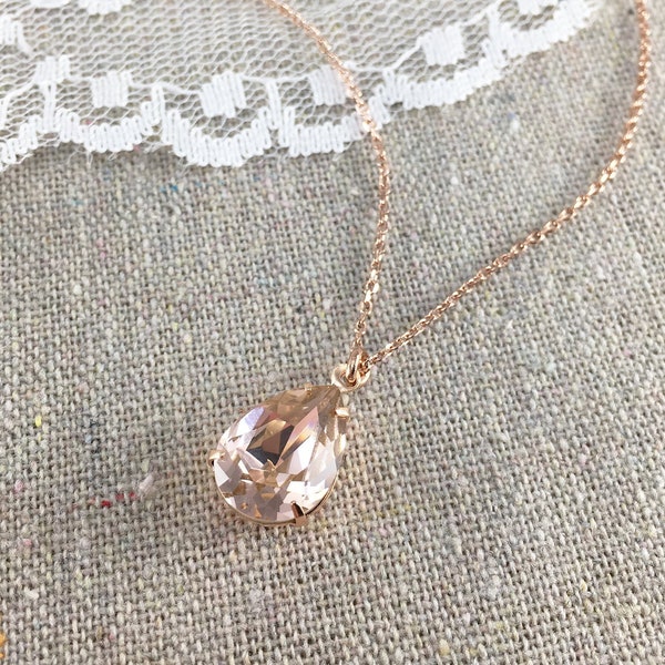 Swarovski Crystal Pendant Necklace | 14x10mm Vintage Rose Pear | Adjustable Length | N0051