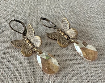 Swarovski Crystal Earrings, Dangling Butterfly Earrings, Aged Brass Vintage Style, Leverback Drop Earrings, Whimsical Bridal, Champagne Tear