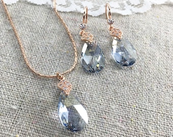 Swarovski Crystal Jewelry Set | 16mm Blue Shade Teardrops | Dangling Earrings | Pendant Necklace | N0225 / E0226