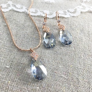 Swarovski Crystal Dusty Blue Bridal Set, Drop Pendant Necklace, Teardrop Dangling Earrings, Wedding Jewelry Set, Bridesmaids Gift Sets