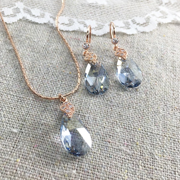 Swarovski Crystal Dusty Blue Bridal Set, Drop Pendant Necklace, Teardrop Dangling Earrings, Wedding Jewelry Set, Bridesmaids Gift Sets