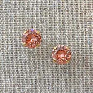 Swarovski Crystal Stud Earrings, Rose Peach Rhinestones, 8mm Xirius Round Post Earrings, Rose Gold Silver Gold Aged Brass, Bridesmaids Gifts
