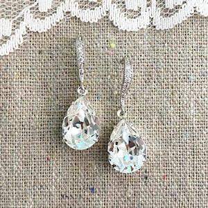Swarovski Crystal Pear Dangling Earrings, Tear Drop Stone Rhinestone Dangle Delicate Bridal Wedding Earrings, Silver Cubic Zirconia