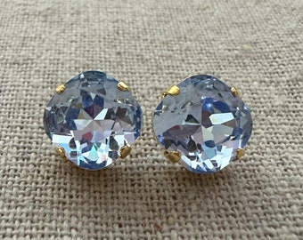 Swarovski Crystal Clip On Earrings | 10mm Light Sapphire Cushions | Non-pierced Studs | E0455