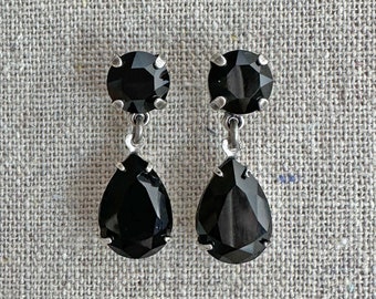 Swarovski Crystal Earrings, Dangling Post Bridal Earrings, Jet Black Dangling Earrings, Wedding Earrings, Bridesmaids Ask Gifts, Aged Silver