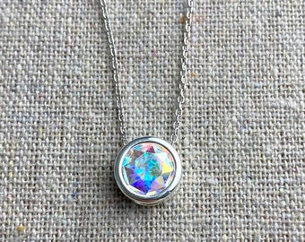 Swarovski Crystal AB Necklace, Crystal Aurora Boreale Necklace, Small Delicate Layering Necklace, Round Slider Pendant, Bridesmaids Gifts