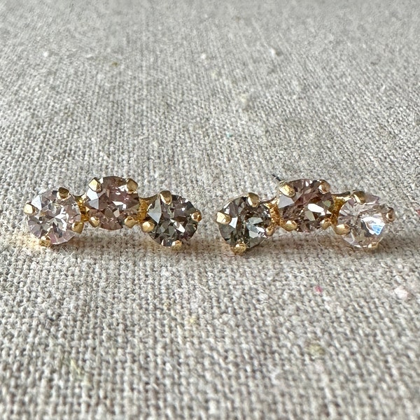 Swarovski Crystal Crawler Earrings, Xirius 5mm Grey Ombré Studs, Climber Post Earrings, 14k Rose Gold, Gold or Silver, Curved Bar Earrings