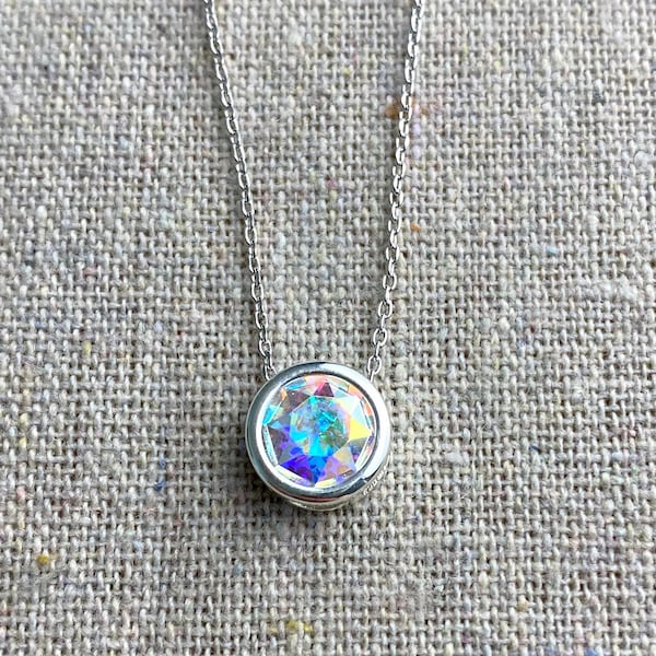 Swarovski Crystal AB Necklace, Crystal Aurora Boreale Necklace, Small Delicate Layering Necklace, Round Slider Pendant, Bridesmaids Gifts