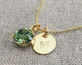 Swarovski Crystal Birthstone Necklace, Stamped Monogram Initial Charm, New Moms Necklace, Personalized Bridesmaids Gifts, Rose Gold Necklace