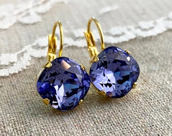 Swarovski Crystal Earrings, Dangling Leverback Bridal Earrings, Tanzanite Cushion Cut Drop Earrings, Gold, Rose Gold or Silver Earrings