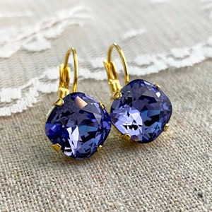 Swarovski Crystal Earrings, Dangling Leverback Bridal Earrings, Tanzanite Cushion Cut Drop Earrings, Gold, Rose Gold or Silver Earrings