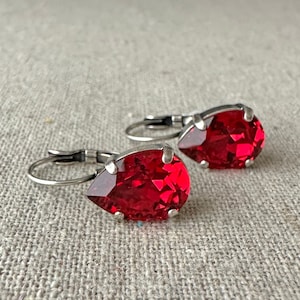 Swarovski Crystal Earrings, 14x10mm Pear Cut Scarlet Red Leverbacks, Dangling Drop Bridal, Teardrop Bridesmaids Gifts, Gold Rose Gold Silver