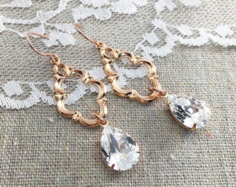 Swarovski Crystal Earrings, Dangling Bridal Earrings, Rose Gold Wedding Earrings, Teardrop Bridesmaid Earrings, Pear Dangle Earrings