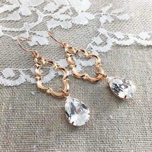 Swarovski Crystal Earrings, Dangling Bridal Earrings, Rose Gold Wedding Earrings, Teardrop Bridesmaid Earrings, Pear Dangle Earrings
