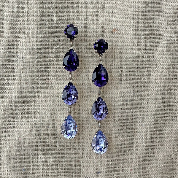 Swarovski Crystal Earrings, Long Stiletto Purple Ombre Drop Earrings, Xirius Chaton & Pear Cut, Purple Velvet Tanzanite Provence Lavender