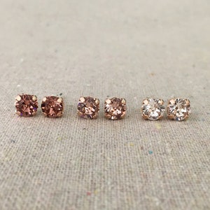 Swarovski Crystal Rose Gold Post Earrings, 6mm Dusty Rose Blush Pink Studs, Small Brilliant Earrings, Bridesmaid Gifts, Flower Girl Gifts