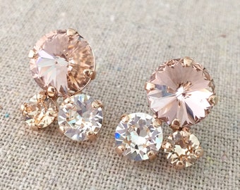 Swarovski Crystal Earrings, Rhinestone Cluster Earrings, Blush Pink Post Earrings, Rose Gold Stud Earrings, Custom Color Bridesmaid Earrings