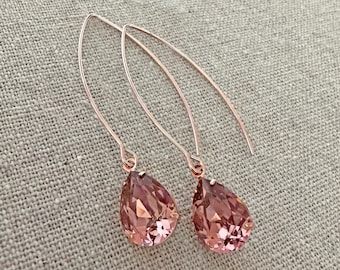Blush Rose Swarovski Crystal Pear Extra Long Dangling Earrings, Gold Rose Gold Silver Plated Finish, Wedding Bridesmaids Gifts, Dusty Rose
