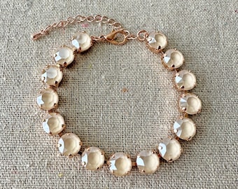 Swarovski Crystal Tennis Bracelet, Ivory Cream 8mm Xirius Chaton, 14k Gold Silver Rose Gold Adjustable, Bridal Jewelry, Custom Colors