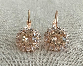 Swarovski Crystal Earrings, Dangling Halo Champagne Leverback, 8mm Xirius Chaton, Rose Gold Silver Gold, Bridal Bridesmaids Earrings