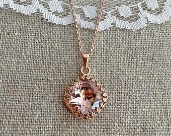 Swarovski Crystal Necklace, 12mm Cushion Cut Blush Pink Crown, Gold Rose Gold Silver, Bridal Wedding Jewelry, Bridesmaids Gifts Custom Color