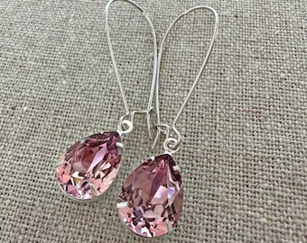 Swarovski Crystal Earrings, Antique Pink Pear Long Dangling Teardrop Tear Drop Rose Gold Silver Bridal Earrings Wedding Bridesmaids Gifts