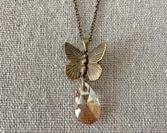 Swarovski Crystal Necklace, Dangling Butterflies, Aged Brass Vintage Style, Adjustable Cable Chain, Whimsical Bridal, Champagne Tear