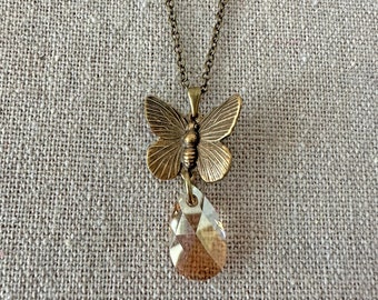 Swarovski Crystal Necklace | 16mm Golden Shadow Teardrop | Whimsical Boho Butterfly Adjustable Length | N0438