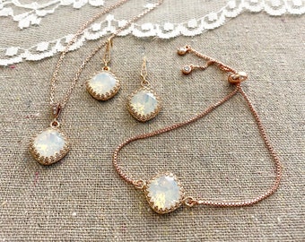 Swarovski Crystal Crown Jewelry Set | 12mm White Opal Cushions | Dangling Earrings | Adjustable Necklace & Bracelet | E0071 / N0072 / B0255