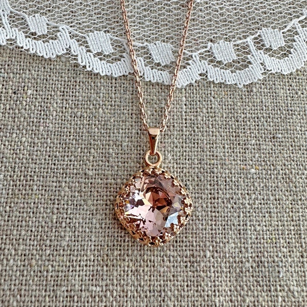 Swarovski Crystal Necklace, 12mm Cushion Cut Blush Pink Crown, Gold Rose Gold Silver, Bridal Wedding Jewelry, Bridesmaids Gifts Custom Color