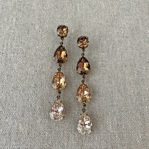 Swarovski Crystal Earrings, Long Stiletto Brown Ombre Drop Earrings, Xirius Chaton & Pear Cut, Smoke Topaz Light Colorado Topaz Light Silk