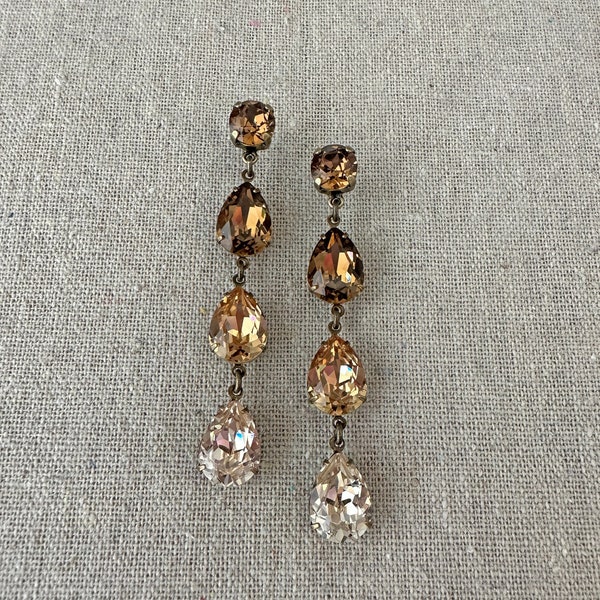 Swarovski Crystal Earrings, Long Stiletto Brown Ombre Drop Earrings, Xirius Chaton & Pear Cut, Smoke Topaz Light Colorado Topaz Light Silk