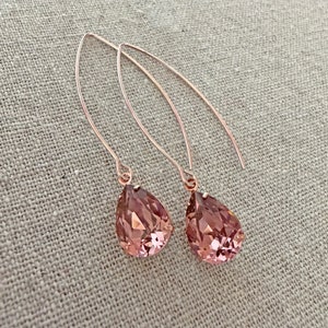 Blush Rose Swarovski Crystal Pear Extra Long Dangling Earrings, Gold Rose Gold Silver Plated Finish, Wedding Bridesmaids Gifts, Dusty Rose