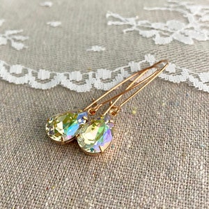 Swarovski Crystal Luminous Green Pear Long Dangling Teardrop Tear Drop Rose Gold, Gold, Silver Bridal Earrings Wedding Bridesmaids Gifts