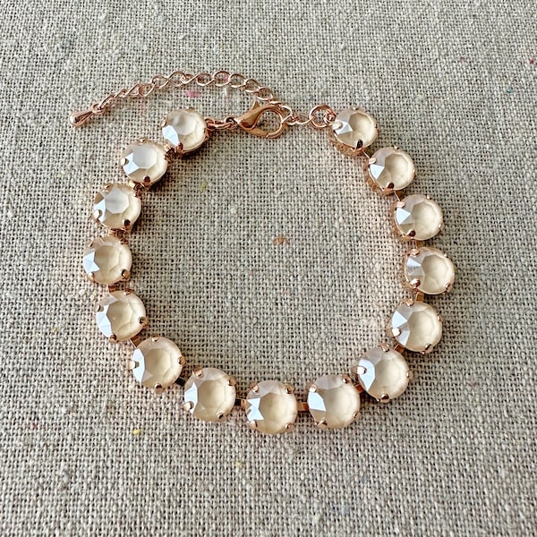 Swarovski Crystal Tennis Bracelet, Ivory Cream 8mm Xirius Chaton, 14k Gold Silver Rose Gold Adjustable, Bridal Jewelry, Custom Colors