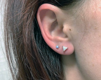 Tiny Synthetic Lab Opal Stud Earrings | White Opal Triangles | Blue Opal Circles | Minimalist Rhodium Posts | E0294 / E0295