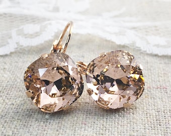 Swarovski Crystal Dangling Earrings | 12mm Vintage Rose Cushions | Lever Back Drop Earrings | E0162